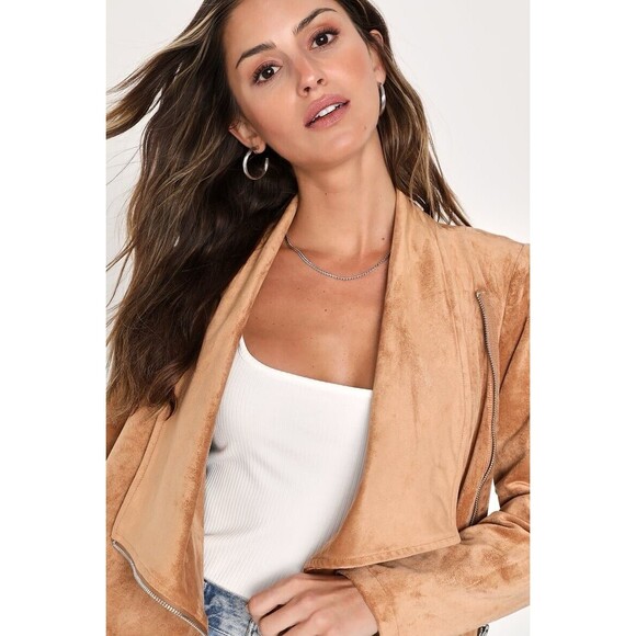 Lulu's Women's XL Wild at Heart Tan Vegan Suede Moto Jacket - Picture 3 of 8